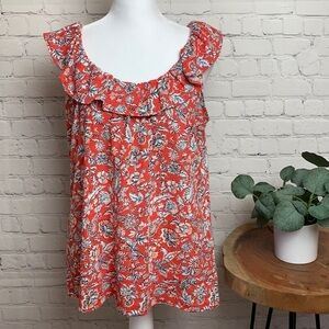 Old Navy Red Floral Linen Blend Ruffle Tank
